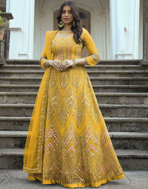 Fuel Yellow Heavy Butterfly Net Pant Anarkali