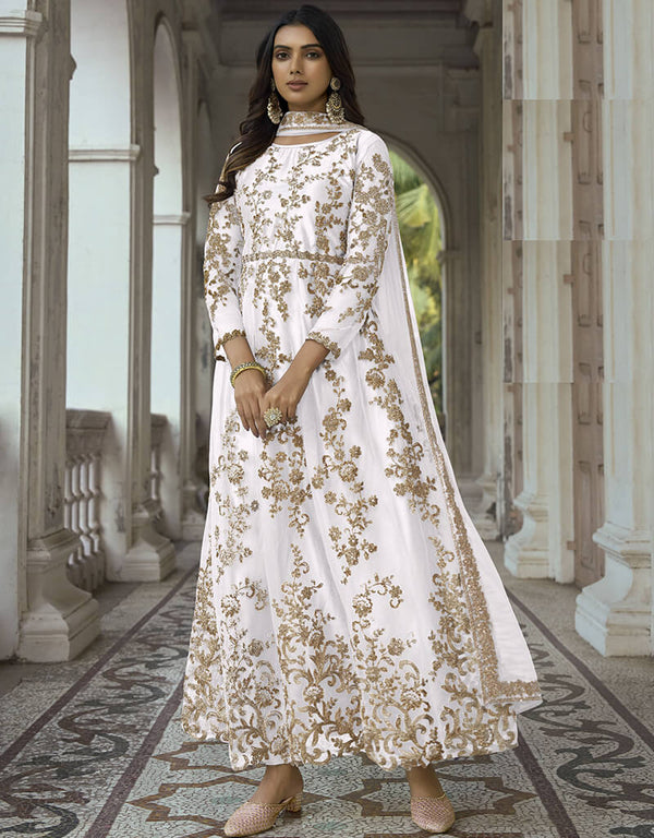 White Heavy Butterfly Net Pant Anarkali