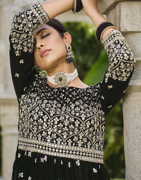 Black Pure Foux Georgette Lehenga Suit Closure View