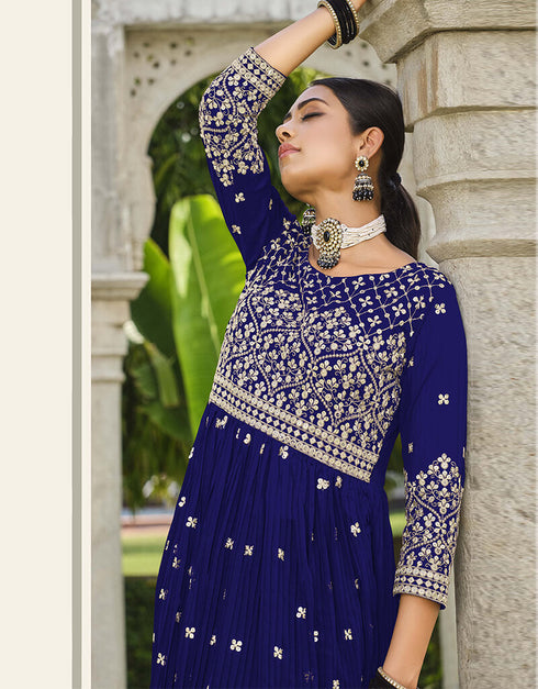 Gulf Blue Pure Foux Georgette Lehenga Suit Back View