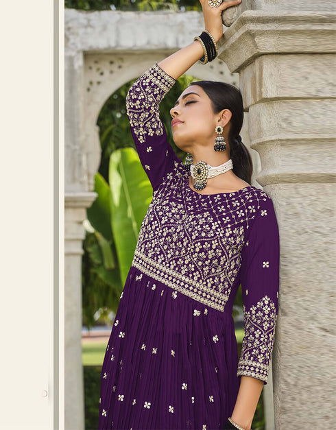 Deep Violet Pure Foux Georgette Lehenga Suit Closure View