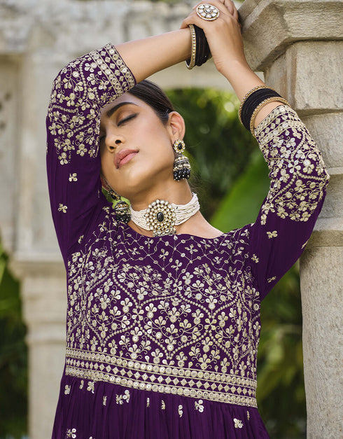 Deep Violet Pure Foux Georgette Lehenga Suit Back View