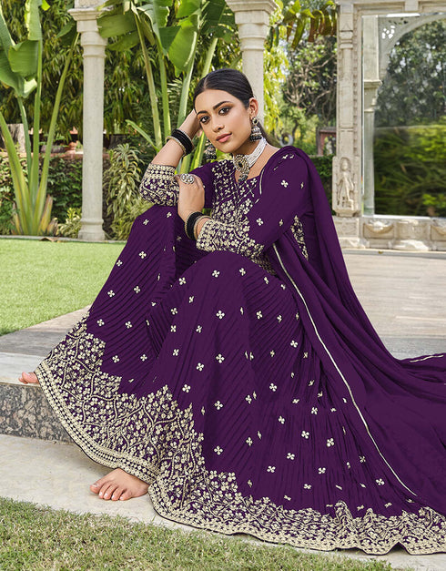Deep Violet Pure Foux Georgette Lehenga Suit Salwar Kameez