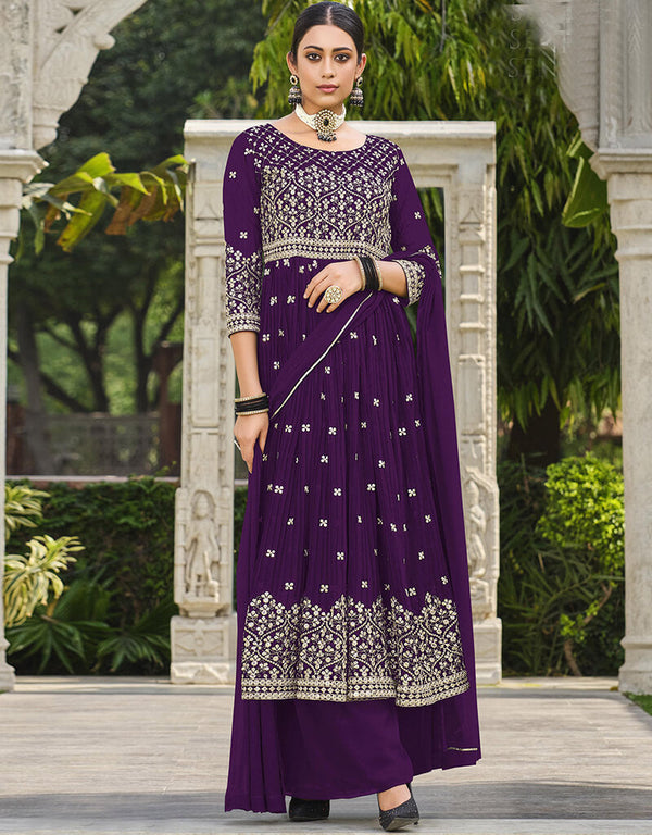 Deep Violet Pure Foux Georgette Lehenga Suit