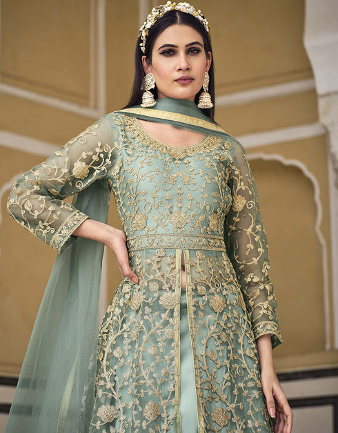 Pastel Grey Pure Butterfly Net Pant Anarkali Closure View