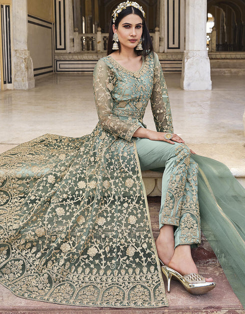 Grey Cloud Pure Butterfly Net Pant Anarkali Back View