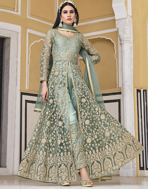 Pastel Grey Pure Butterfly Net Pant Anarkali Salwar Kameez