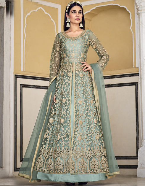 Pastel Grey Pure Butterfly Net Pant Anarkali
