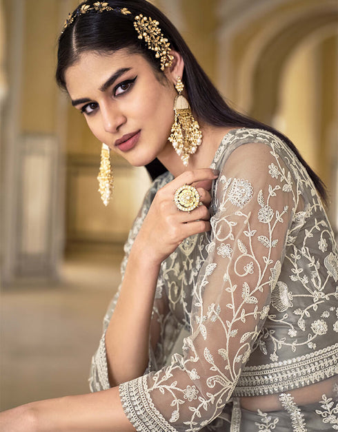 Grey Cloud Pure Butterfly Net Pant Anarkali Closure View