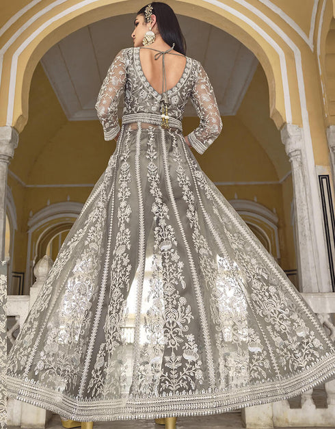 Grey Cloud Pure Butterfly Net Pant Anarkali Salwar Kameez
