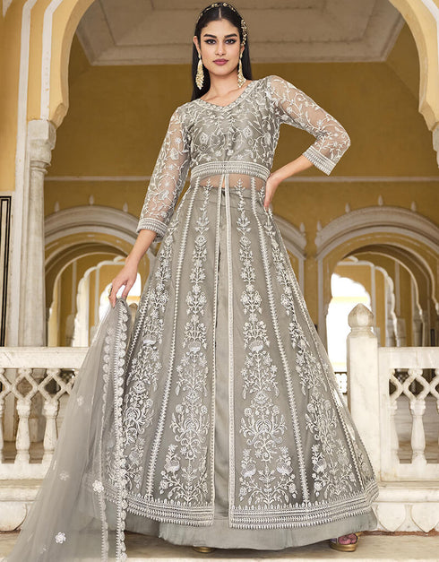 Grey Cloud Pure Butterfly Net Pant Anarkali