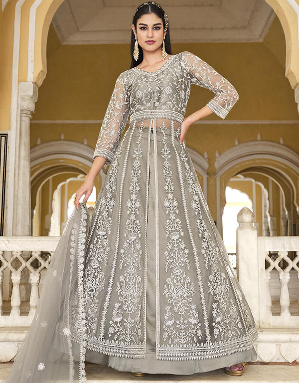 Grey Cloud Pure Butterfly Net Pant Anarkali