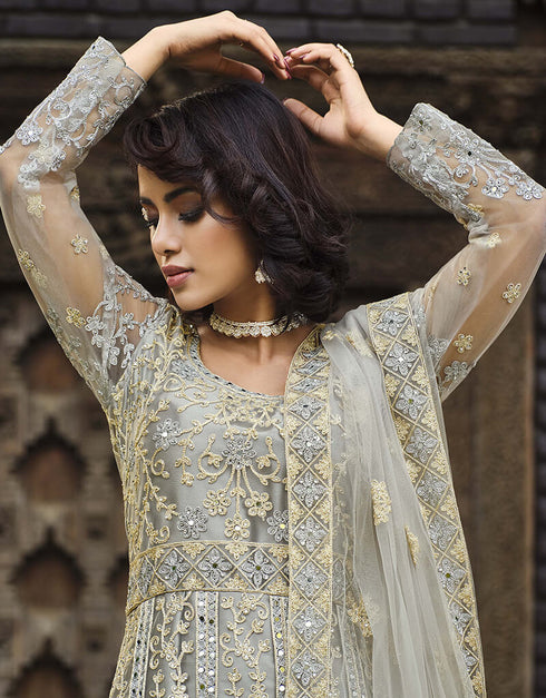 Grey Nickel Pure Butterfly Net Pant Anarkali Closure View