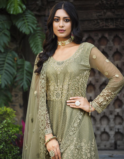 Grey Olive Pure Butterfly Net Pant Anarkali Salwar Kameez