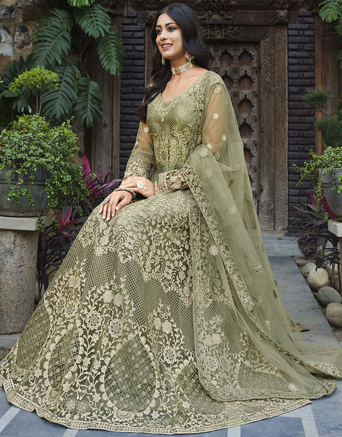 Grey Olive Pure Butterfly Net Pant Anarkali