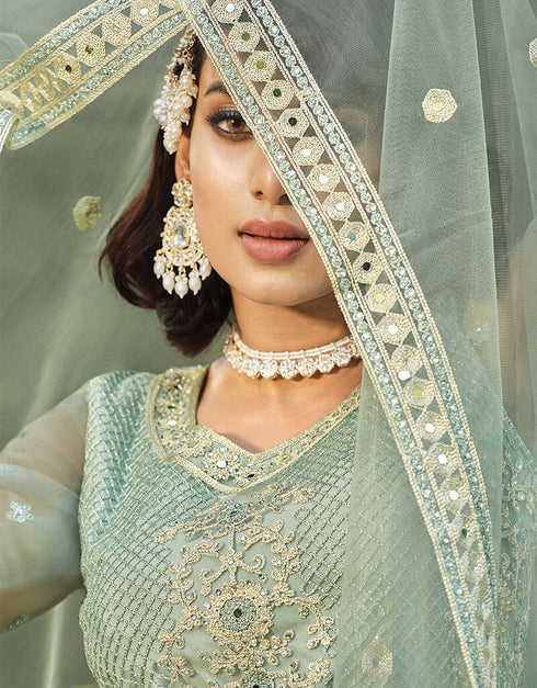 Greenish Grey Pure Butterfly Net Pant Anarkali Closure View