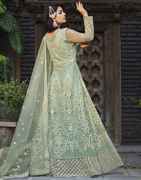 Greenish Grey Pure Butterfly Net Pant Anarkali Salwar Kameez