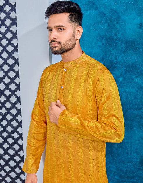 Bee Yellow Kurta Heavy Jacquard Silk Pant Closure View