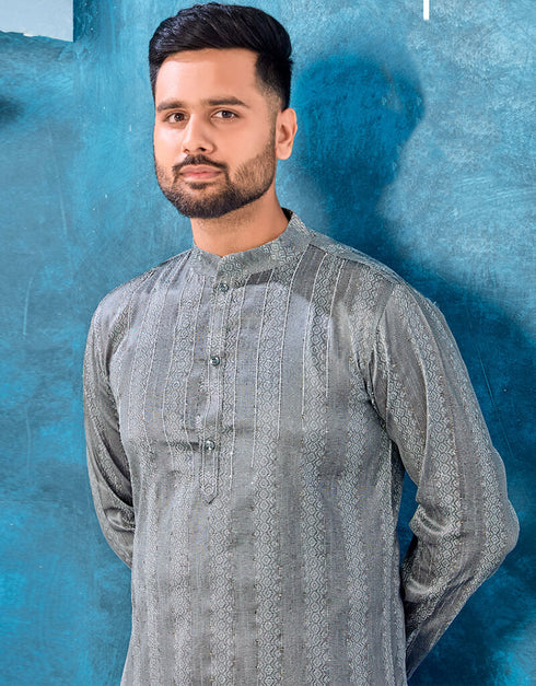 Cool Grey Kurta Heavy Jacquard Silk Pant Closure View