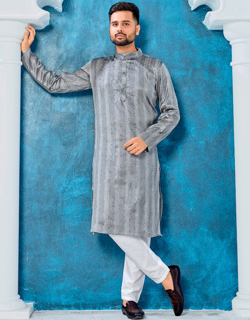 Cool Grey Kurta Heavy Jacquard Silk Pant