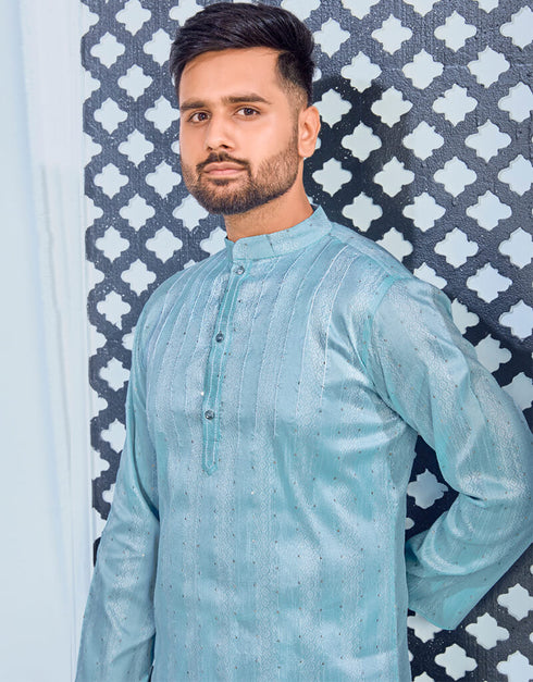 Cloudy Blue Kurta Heavy Jacquard Silk Pant Closure View