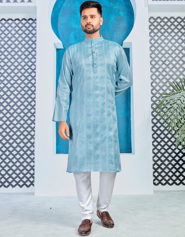 Cloudy Blue Kurta Heavy Jacquard Silk Pant