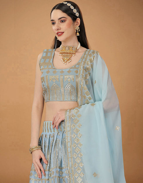 Cadet Blue Foux Georgette With Micro Silk Inner Lehenga Choli Closure View