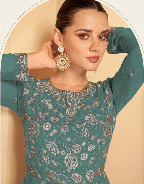 Green Faux Georgette Lehenga Suit Closure View