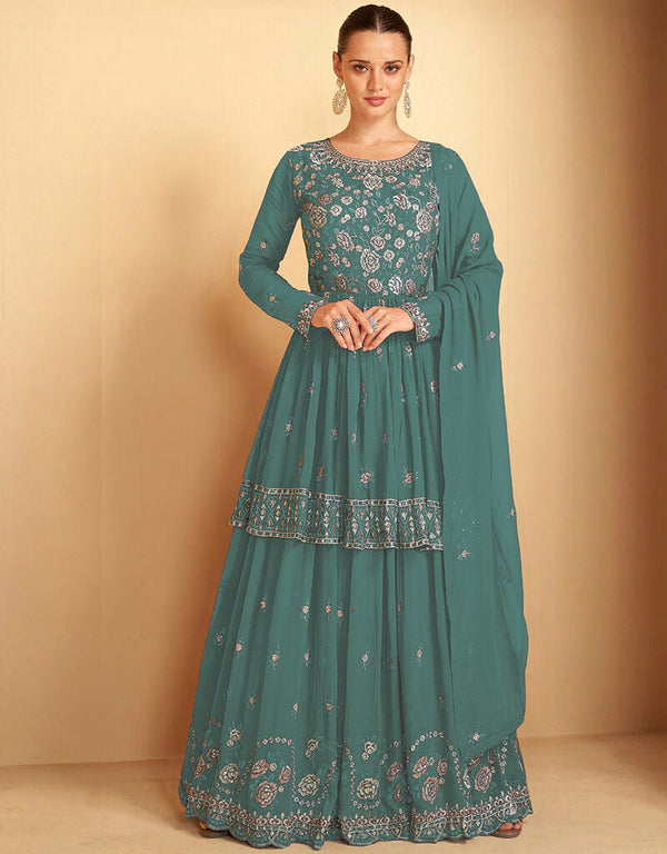 Green Faux Georgette Lehenga Suit