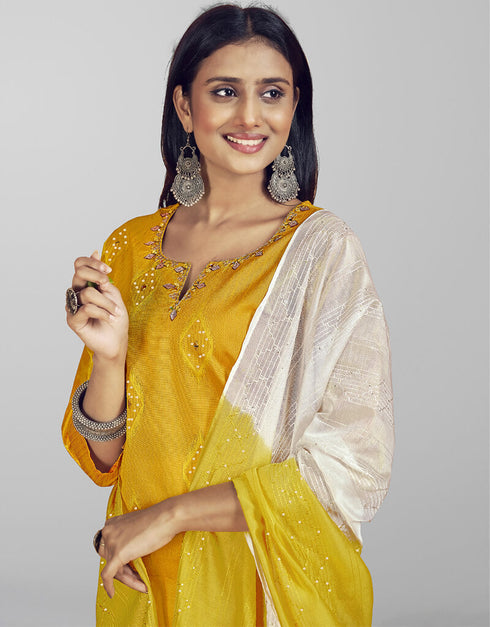 Mustard Yellow Heavy Jacquard Silk Pant Straight Closure View
