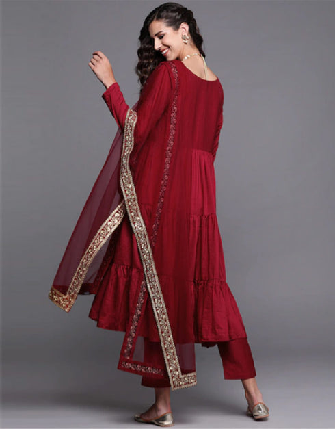Maroon Chinnon Pant Anarkali Salwar Kameez