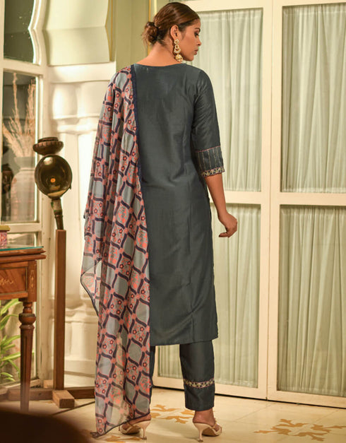 Dark Grey Chinnon Pant Straight Salwar Kameez