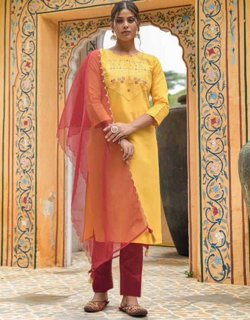 Yellow Muslin Cotton Pant Straight Back View