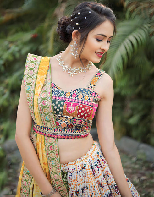 Multi Color Slub Cotton Lehenga Choli Closure View