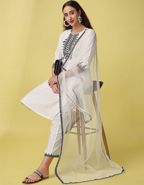 White Viscose Rayon Blend Pant Straight