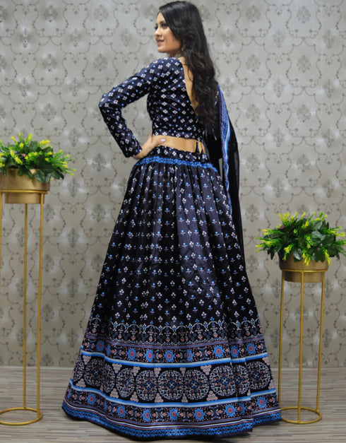 Montana Navy Blue Heavy Malay Silk Lehenga Choli Back View