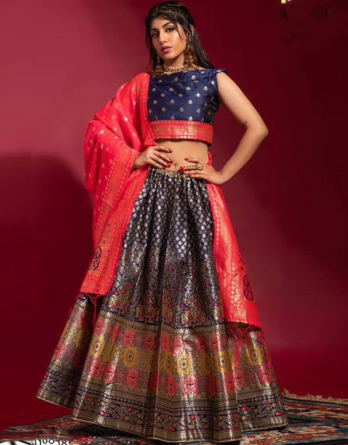 Navy Blue Banarasi Silk Lehenga Choli