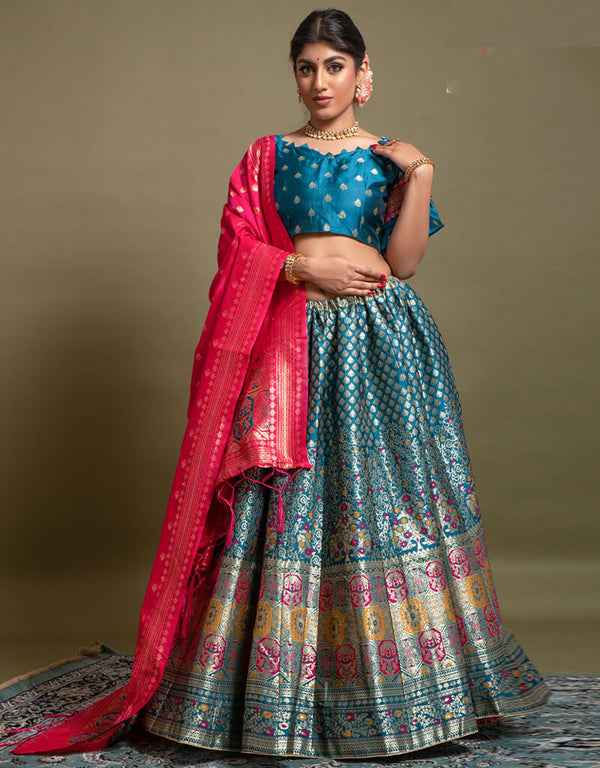 Ocean Blue Banarasi Silk Lehenga Choli