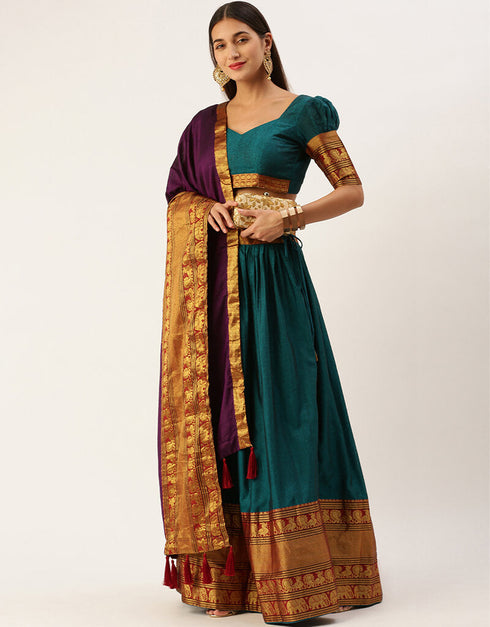 Teal Poly Silk Cotton Lehenga Choli Back View