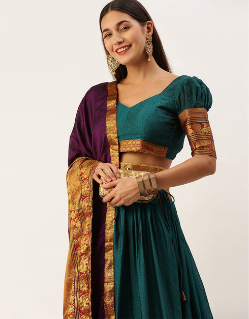 Teal Poly Silk Cotton Lehenga Choli Closure View