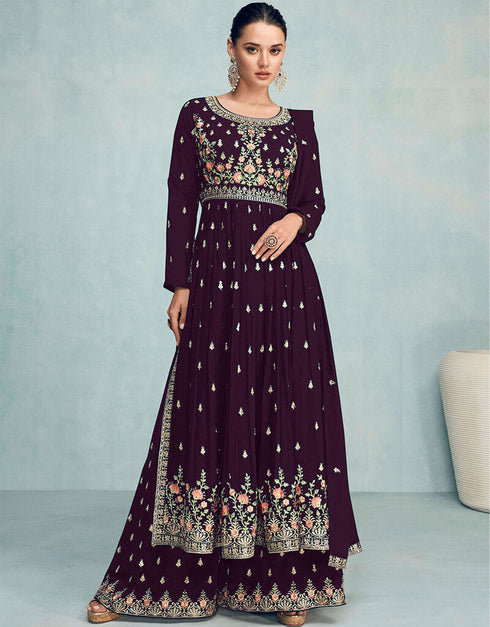 Wine Faux Georgette Palazzo Suit