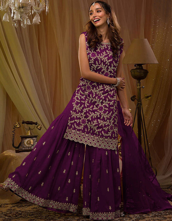 Purple Faux Georgette Palazzo Suit