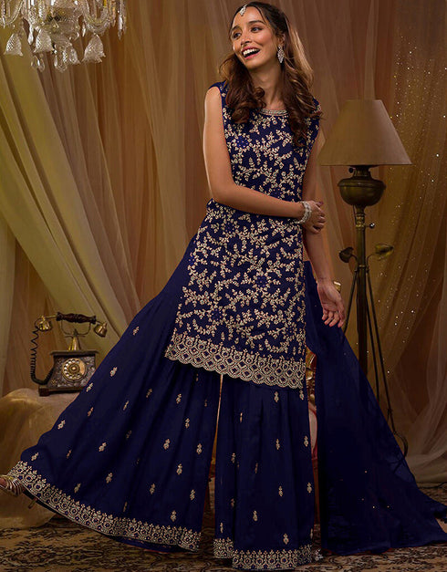 Blue Faux Georgette Palazzo Suit