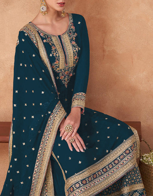 Blue Faux Georgette Palazzo Straight Closure View