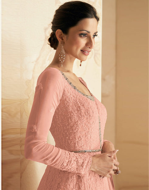 Peach Faux Georgette Pant Anarkali Closure View