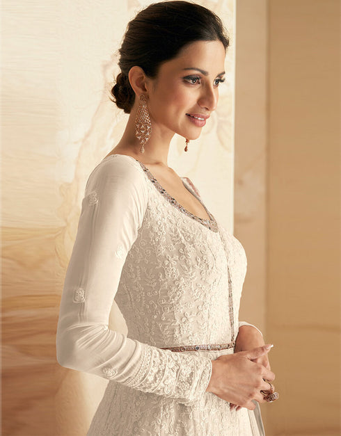 White Faux Georgette Pant Anarkali Closure View