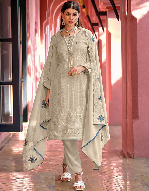 Beige Georgette Pant Straight