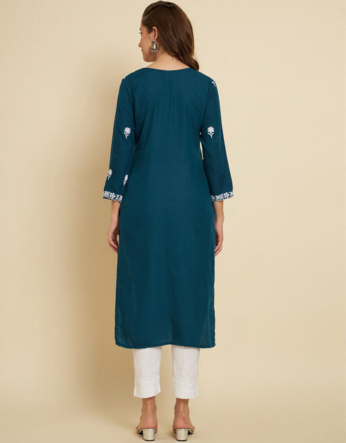 Teal Soft Slub Cotton Na Straight Salwar Kameez