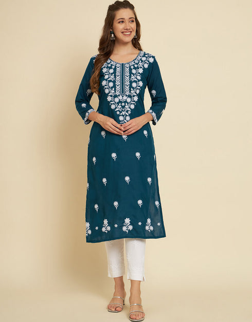 Teal Soft Slub Cotton Na Straight Closure View