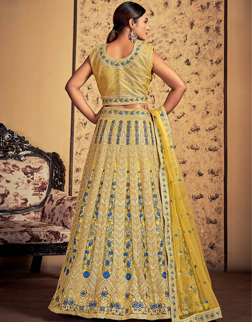Mustard Soft Net Lehenga Choli Back View